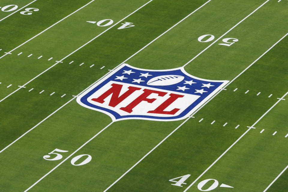 LAS VEGAS, NEVADA - FEBRUARY 11: A detail view of the NFL shield logo painted on the field before Super Bowl LVIII between the Kansas City Chiefs and San Francisco 49ers at Allegiant Stadium on February 11, 2024 in Las Vegas, Nevada. (Photo by Ryan Kang/Getty Images)