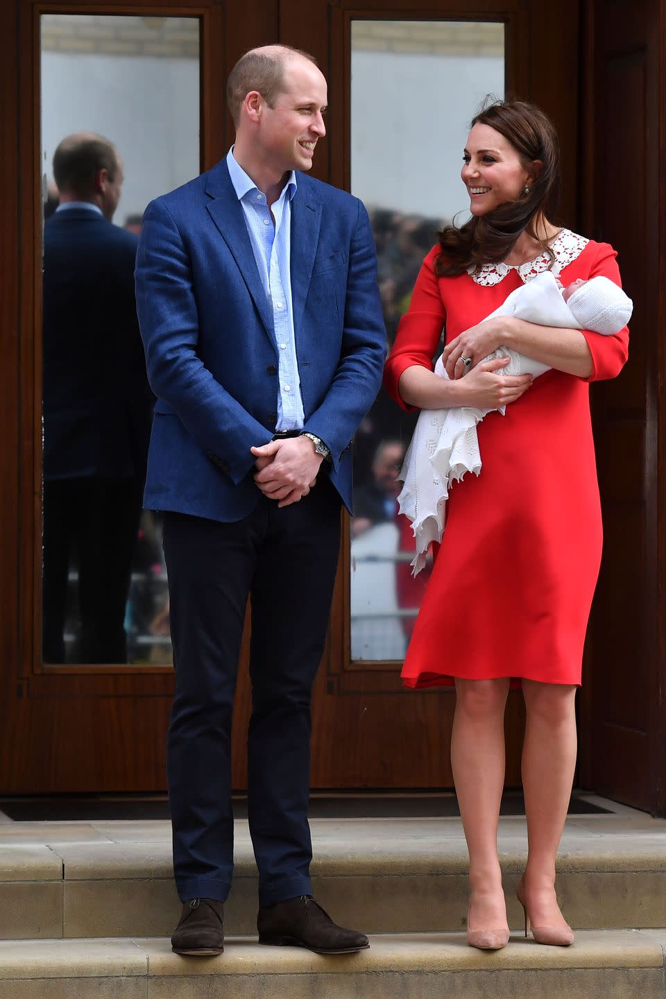 <p>The Duchess of Cambridge introduced baby number three to <a href="https://www.townandcountrymag.com/society/tradition/a19675070/kate-middleton-third-baby-lindo-wing-outfit/" rel="nofollow noopener" target="_blank" data-ylk="slk:the world wearing a custom Jenny Packham dress;elm:context_link;itc:0;sec:content-canvas" class="link ">the world wearing a custom Jenny Packham dress</a>, complete with a chic peter pan collar. The Duchess accessorized with a pair of Gianvito Rossi heels. </p>