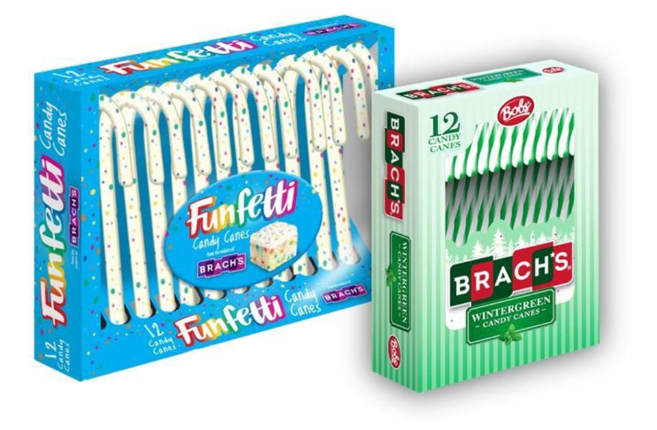 <p>Ferrara is known for offering a slew of traditional and innovative candy cane flavors. New to the portfolio this year? A pair of delicious twists on the red-and-white-striped holiday go-to, courtesy of its Brach's brand. The Funfetti Candy Canes takes the beloved birthday cake flavor and marries it with the vibrant Funfetti dots fans know and love, with actual rainbow sprinkles inside each cane. And the Wintergreen Candy Canes provides a tasty, palate-cooling alternative to the traditional peppermint flavor, with a minty-green coloring to boot!</p>