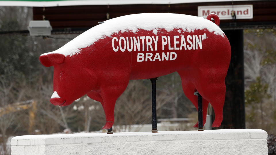 A store's hog mascot is crusted with snow and ice in Florence, Miss., Tuesday, Jan. 28, 2014 as ice and snow flurries blanket the state. A severe winter storm hit the South bringing ice, snow and below freezing temperatures. (AP Photo/Rogelio V. Solis)