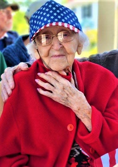 Gladys Laughland at the Kingston Memorial Day parade in May 2023 shortly before turning 105. Her daughter Linda Ryan was with her. Gladys served in the Air Force in 1943.