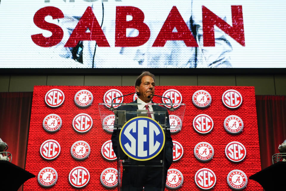 Alabama head coach Nick Saban speaks during NCAA college football Southeastern Conference media days Tuesday, July 19, 2022, in Atlanta. (AP Photo/John Bazemore)