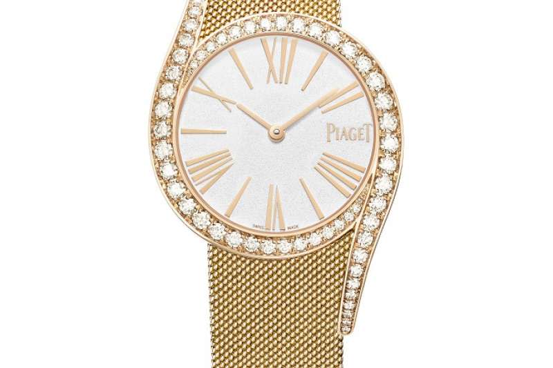 PIAGET Limelight Gala 系列 18K 玫瑰金米蘭金質編織鍊帶自動上鍊鑽石腕錶（PIAGET 提供）