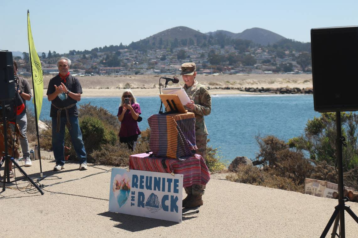 U.S. Army Corps of Engineers Col. Julie Balten speaks at a ceremony celebrating the “reunification” of Morro Rock on Aug. 20, 2022.