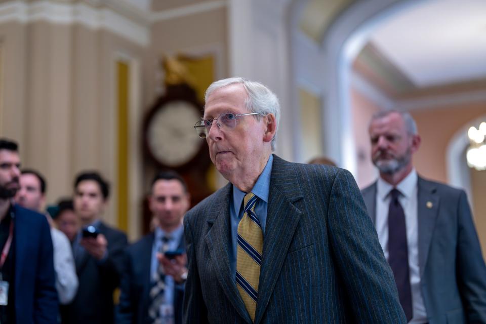 Senate Minority Leader Mitch McConnell, R-Ky., walks to the chamber during a test vote to begin debate on a border security bill, at the Capitol in Washington, Wednesday, Feb. 7, 2024. Senate Republicans have already blocked the bipartisan border package, scuttling months of negotiations between the two parties on legislation intended to cut down record numbers of illegal border crossings. (AP Photo/J. Scott Applewhite)