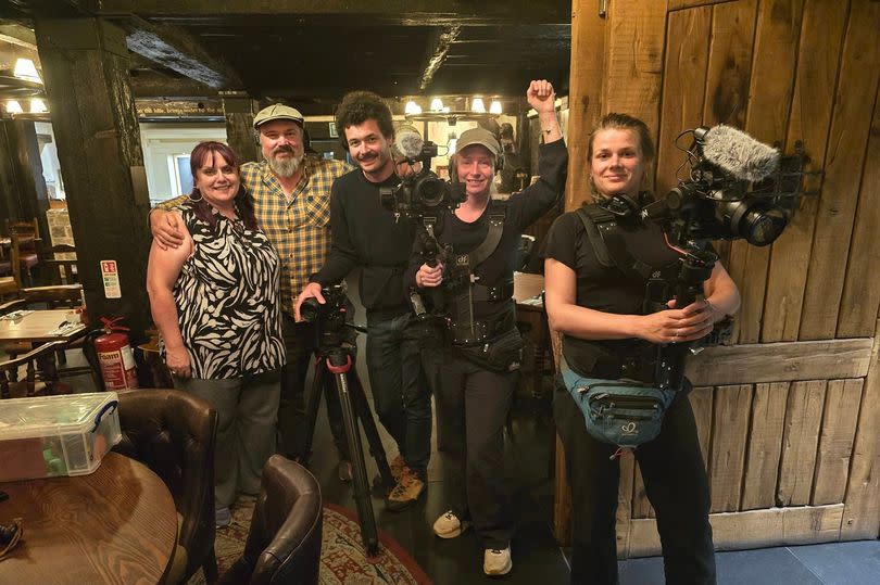 The German documentary film crew with Karin Beasant (left) from the Jamaica Inn Paranormal Team at the famous pub on Bodmin Moor during a recent shoot