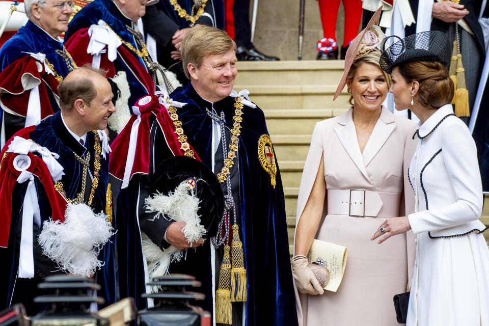 WINDSOR, ENGLAND - JUNE 17: King Willem-Alexander of The Netherlands, Queen Maxima of The Netherlands and Catherine Duchess of Cambridge at St George's Chapel on June 17, 2019 in Windsor, England. (Photo by Patrick van Katwijk/Getty Images)