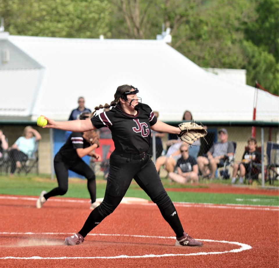 John Glenn pitcher Sydney Marshall delivers a pitch, as she tossed a one-hitter in the Muskies' 4-0 win over Morgan in the Division II district final on Thursday.