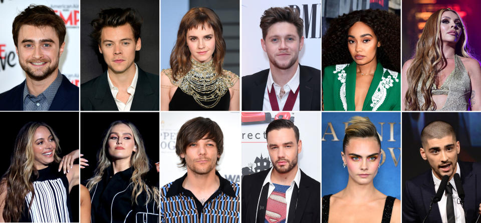 Undated composite file photos of (top row left to right) Daniel Radcliffe, 30, Harry Styles, 25, Emma Watson, 29, Niall Horan, 26, Little Mix member Leigh-Anne Pinnock, 28 and Little Mix member Jesy Nelson, 28. (Bottom row left to right) Little Mix member Jade Thirlwall, 26, Little Mix member Perrie Edwards, 26, Louis Tomlinson, 27, Liam Payne, 26, Cara Delevingne, 27 and Zayn Malik, 26. They are in the top 10 UK's wealthiest stars aged 30 and under, (in order from second wealthiest to number 10), with Daniel Radcliffe at number two with an estimated wealth of ??90 million, Little Mix members who are in sixth place, having a combined worth of ??50 million, and Zayn Malik at number 10 worth ??38 million.