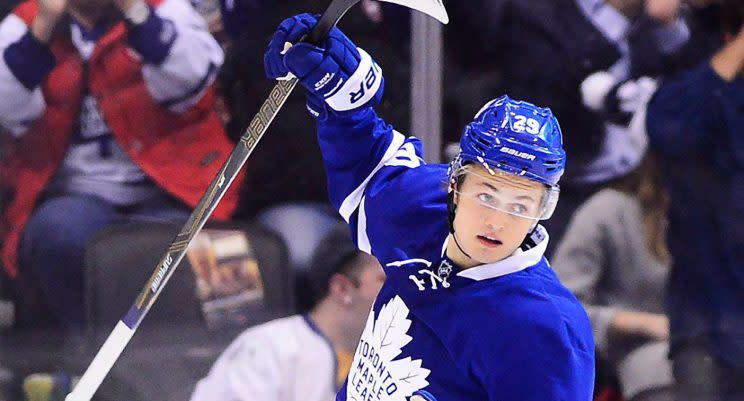 Maple Leafs rookie William Nylander celebrates his goal against the New Jersey Devils (Frank Gunn/CP)