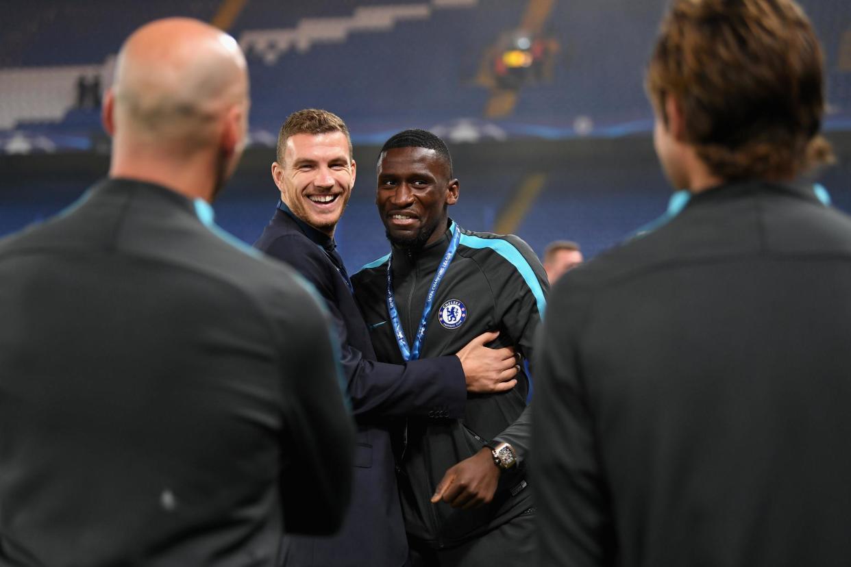 Happy returns? Chelsea target Edin Dzeko with former AS Roma team-mate Antonio Rudiger, now of Chelsea: Chelsea FC via Getty Images