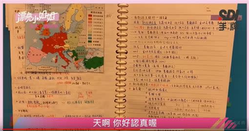 妍潔的100分讀書秘訣：將課本上的圖剪下，整理在筆記本上，成為「自己的課本」。（圖／翻攝自《漂亮小姐姐》YT）