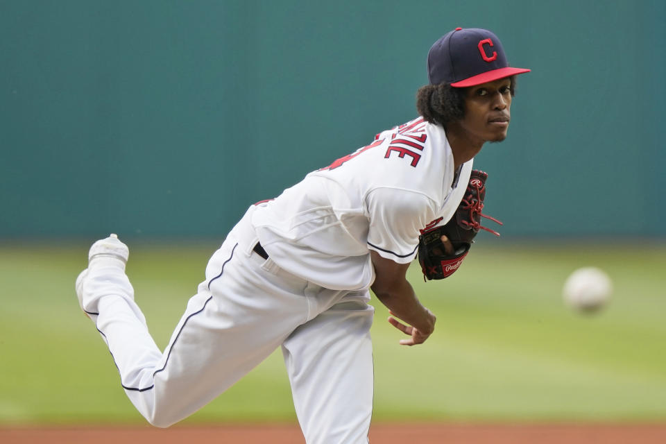 Cleveland Indians starting pitcher Triston McKenzie delivers in the first inning of a baseball game against the Minnesota Twins, Friday, May 21, 2021, in Cleveland. (AP Photo/Tony Dejak)