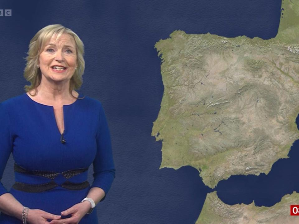 Carol Kirkwood speaking in front of a map of Spain (BBC)