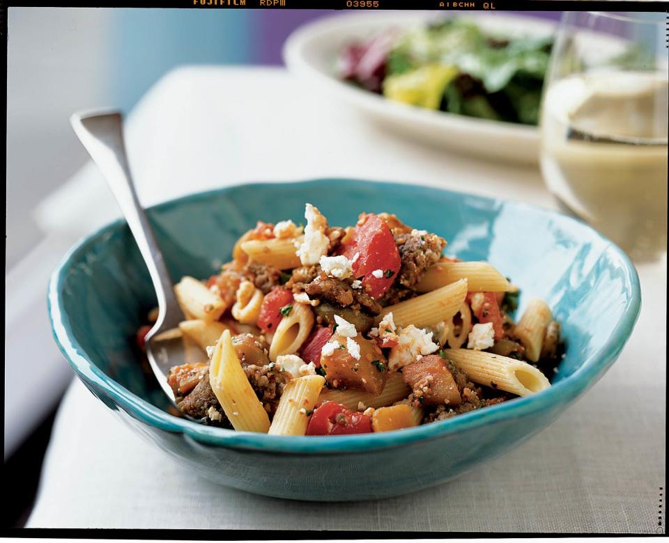 Penne with Sausage, Eggplant, and Feta