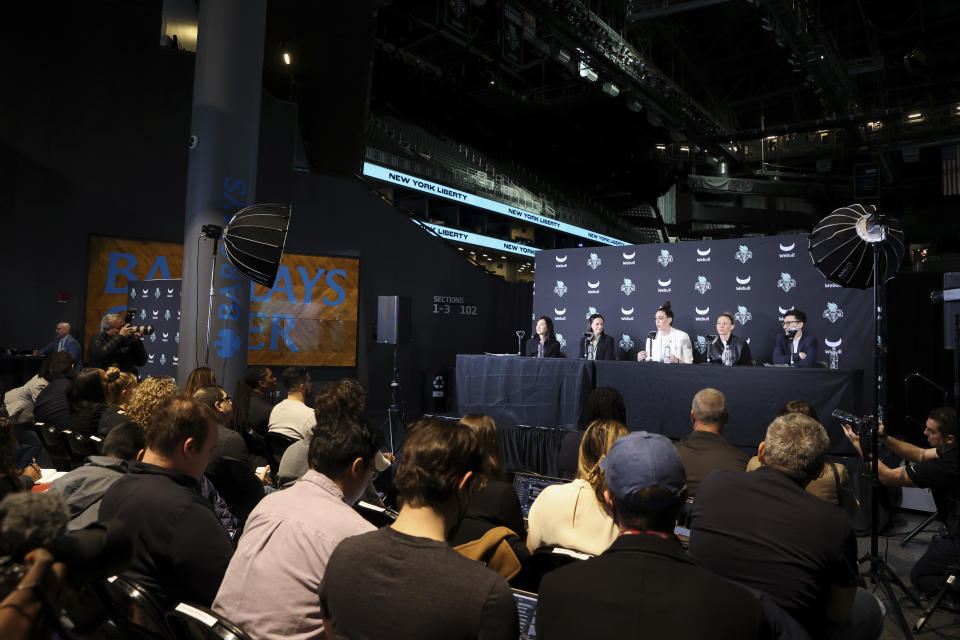 New York Liberty forward Breanna Stewart and guard Courtney Vandersloot participate in a WNBA basketball news conference, Thursday, Feb. 9, 2023, in New York. (AP Photo/Jessie Alcheh)