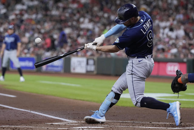 Houston Astros center fielder Chas McCormick catches a fly ball hit by  Tampa Bay Rays' Randy Arozarena during the sixth inning of a baseball game,  Friday, July 28, 2023, in Houston. (AP