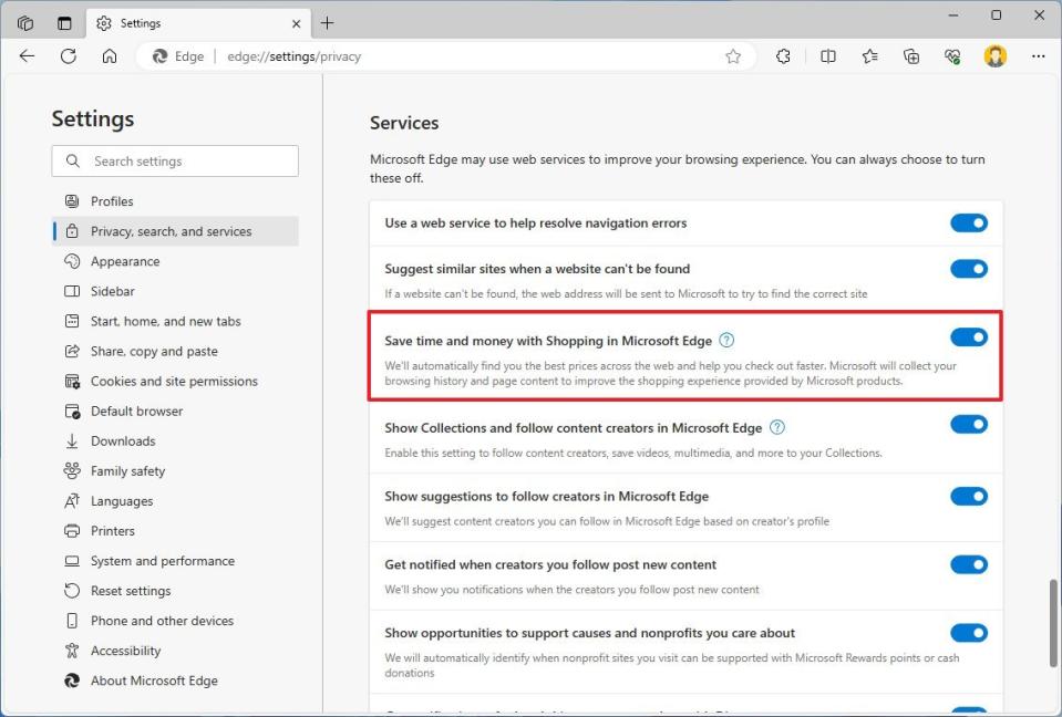 Microsoft Edge enable Shopping