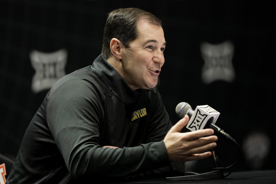 Baylor coach Scott Drew addresses the media during the NCAA college Big 12 men's basketball media day Wednesday, Oct. 18, 2023, in Kansas City, Mo. (AP Photo/Charlie Riedel)