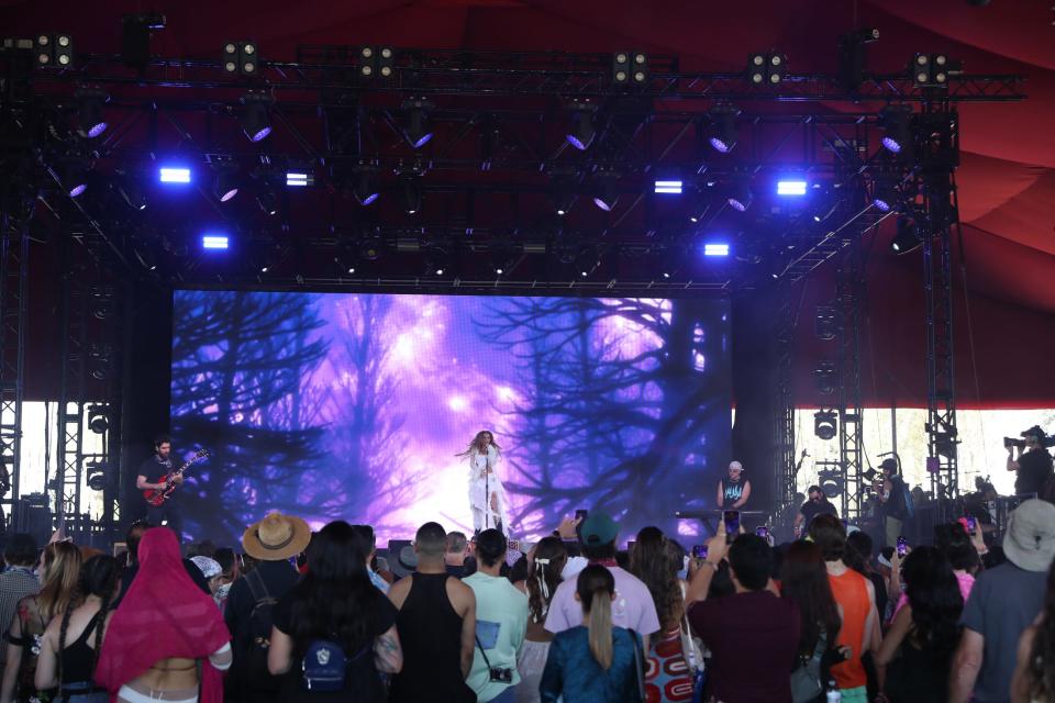 Elyanna, the first artist to ever perform in Arabic at Coachella, performs inside the Gobi tent during the Coachella Valley Music and Arts Festival in Indio, Calif., on Saturday, April 15, 2023. 