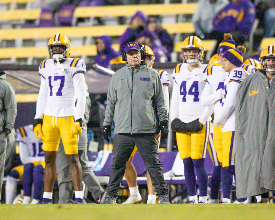 Nov 19, 2022; Baton Rouge, Louisiana; LSU Tigers head coach Brian Kelly looks on against the UAB Blazers during the second half at Tiger Stadium. Stephen Lew-USA TODAY Sports
