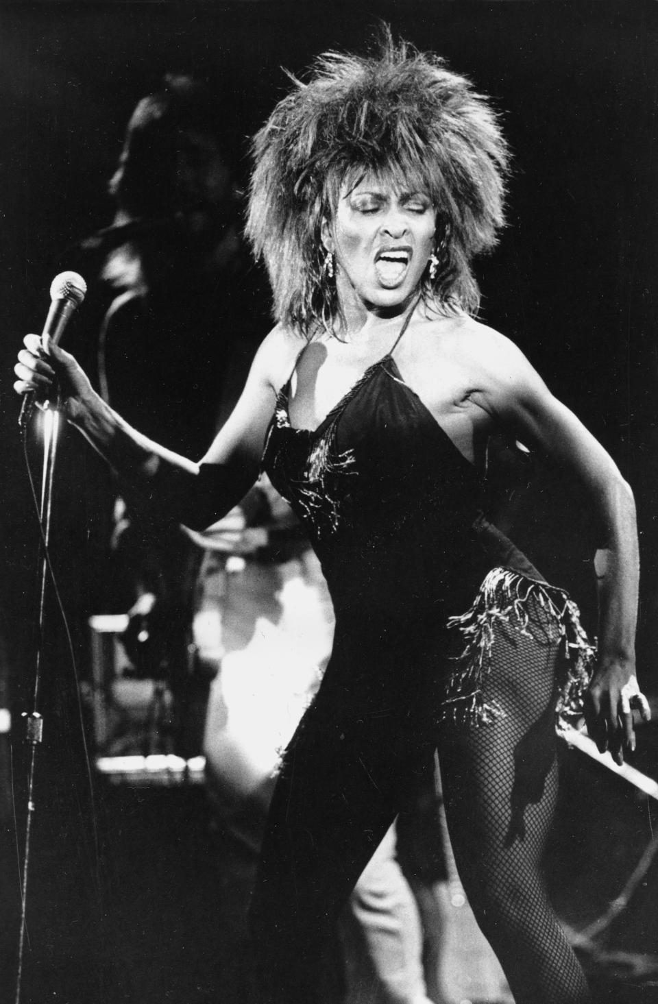 FILE - Tina Turner performs her current hit song "What's Love Got to Do With It" in Los Angeles on Sept. 2, 1984. Turner, the unstoppable singer and stage performer, died Wednesday, after a long illness at her home in Küsnacht near Zurich, Switzerland, according to her manager. She was 83. (AP Photo/Phil Ramey, File)