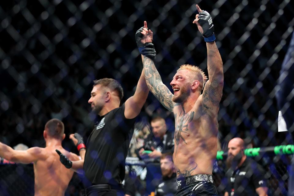 PERTH, AUSTRALIA - AUGUST 18: Dan Hooker of New Zealand reacts after being announced the winner of the Lightweight fight against Mateusz Gamrot of Poland during UFC 305 at RAC Arena on August 18, 2024 in Perth, Australia. (Photo by Paul Kane/Getty Images)