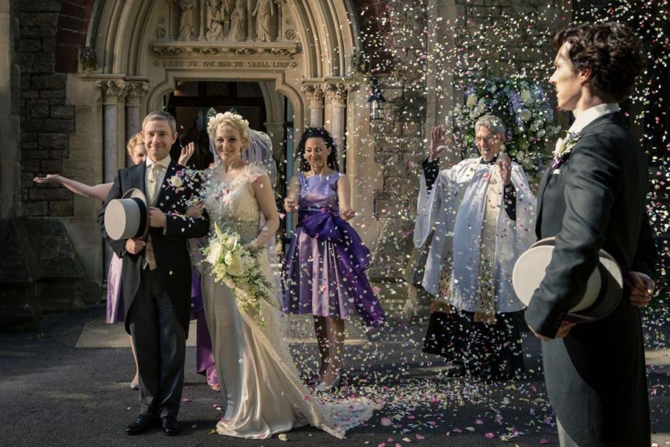 Dr John Watson (Martin Freeman) marries Mary Morstan (Abbington) as Sherlock Holmes (Benedict Cumberbatch) watches on (Hartswood Films/BBC)