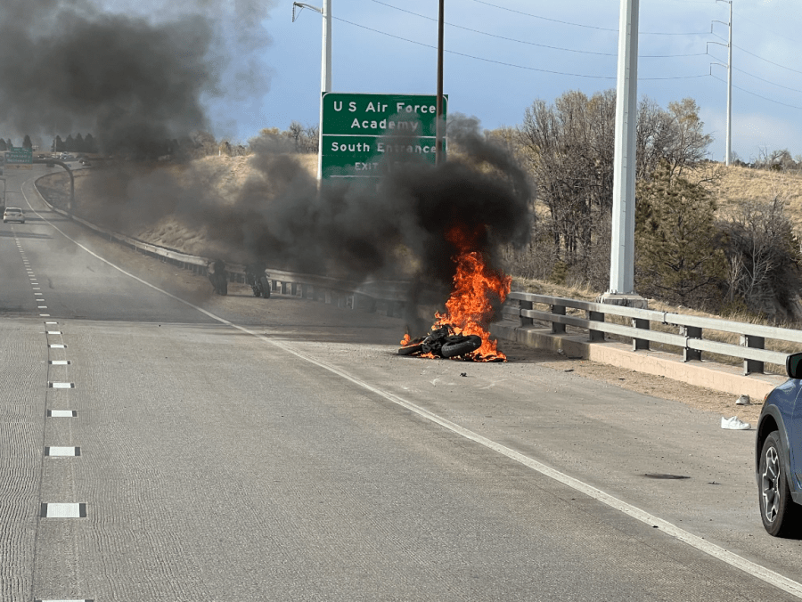 Motorcycle on fire on I-25 near Woodmen Road