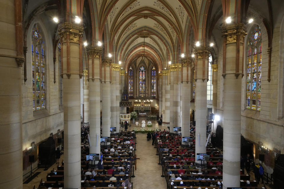 Pope Francis meets poor people and refugees in St. Elizabeth of Hungary Church in Budapest, Hungary, Saturday, April 29, 2023. The Pontiff is in Hungary for a three-day pastoral visit. (AP Photo/Andrew Medichini)