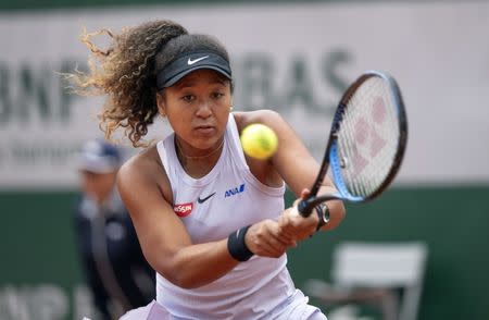 May 28, 2019; Paris, Naomi Osaka (JPN) in action during her match against Anna Schmiedlova (SVK) on day three of the 2019 French Open at Stade Roland Garros. Mandatory Credit: Susan Mullane-USA TODAY Sports