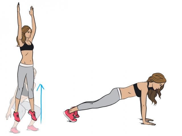<p><strong>1/ </strong>Complete as many jumping squats as you can in 20 seconds. Rest for 10 seconds.</p><p>2/ Get into a plank and hold for 20 seconds. Rest for 10 seconds. </p>