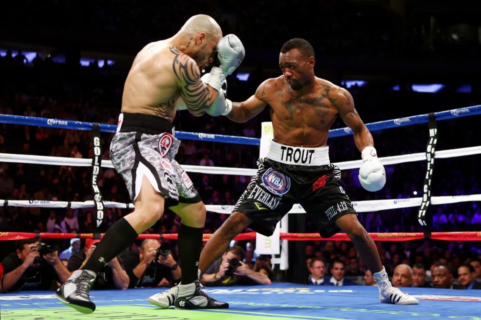 NEW YORK, NY - DECEMBER 01: Austin Trout (R) fights against Miguel Cotto in their WBA Super Welterweight Championship title fight at Madison Square Garden on December 1, 2012 in New York City. (Photo by Elsa/Getty Images)