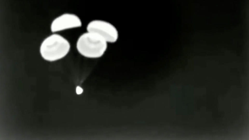 Space's Crew-5 Dragon Endurance descends to Earth under four main parachutes for a successful splashdown in the Gulf of Mexico on March 11, 2023.