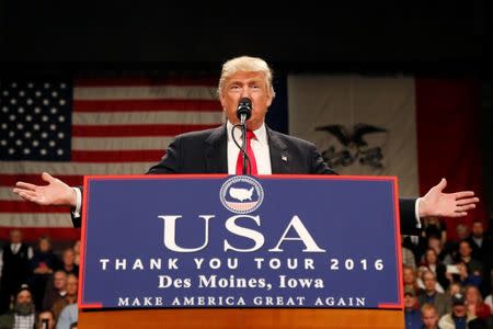 U.S. President-elect Donald Trump speaks at the USA Thank You Tour event at the Iowa Events Center in Des Moines, Iowa, U.S., December 8, 2016. REUTERS/Shannon Stapleton