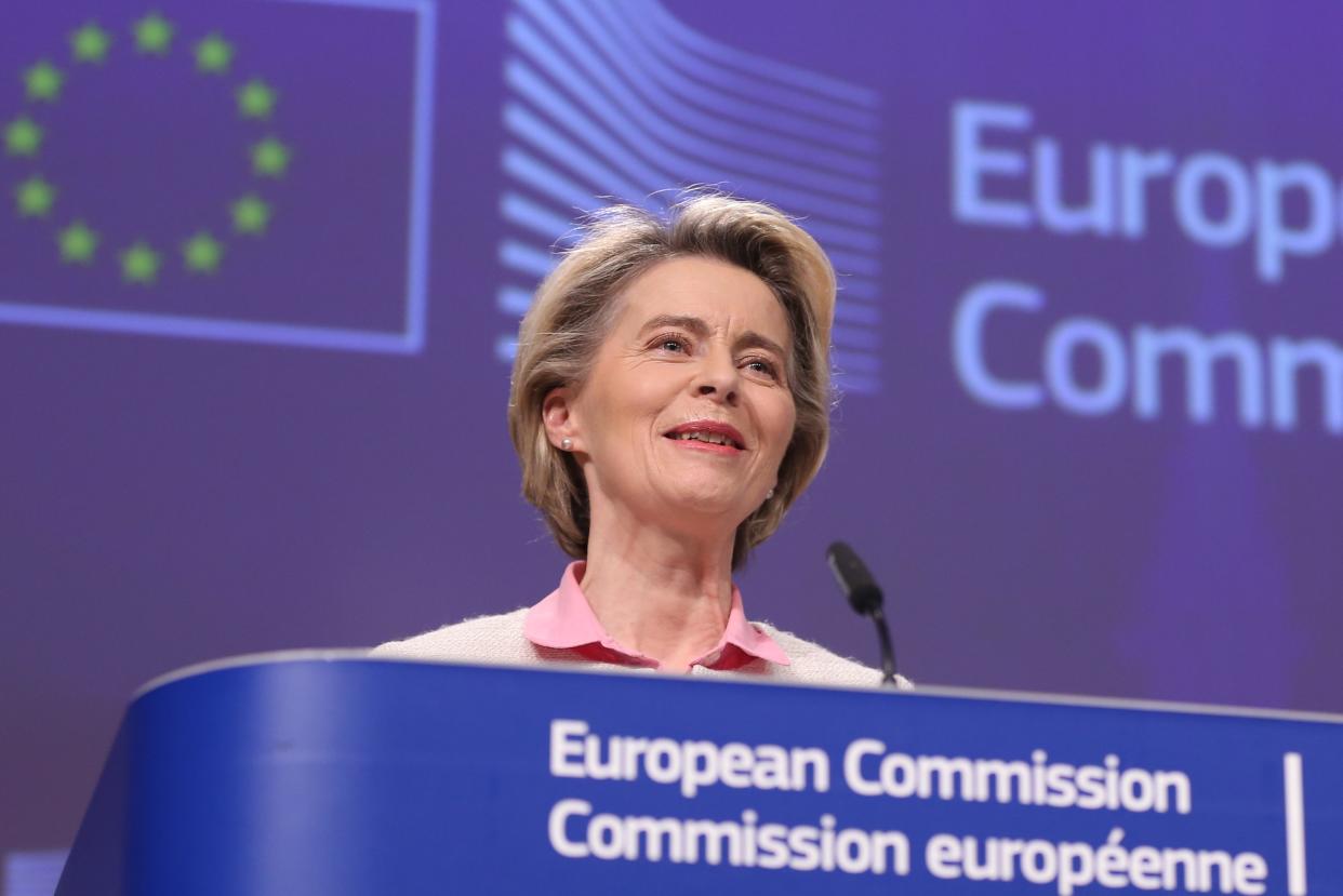 BRUSSELS, Dec. 24, 2020 -- European Commission President Ursula von der Leyen attends a press conference on the post-Brexit trade talks in Brussels, Belgium, Dec. 24, 2020. European Commission President Ursula von der Leyen said on Thursday that the bloc has reached a fair and balanced agreement with the United Kingdom, after a prolonged last-minute negotiation over the sticking points regarding the future relationship. (Photo by Zheng Huansong/Xinhua via Getty) (Xinhua/Zheng Huansong via Getty Images)