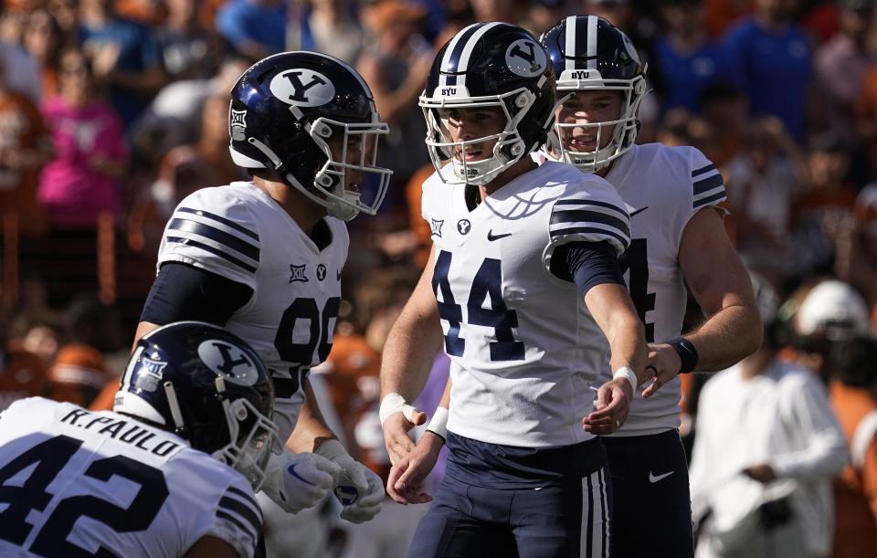 BYU place kicker Will Ferrin (44) celebrates his field goal against Texas during the first half of an NCAA college football game in Austin, Texas, Saturday, Oct. 28, 2023. | Eric Gay, Associated Press