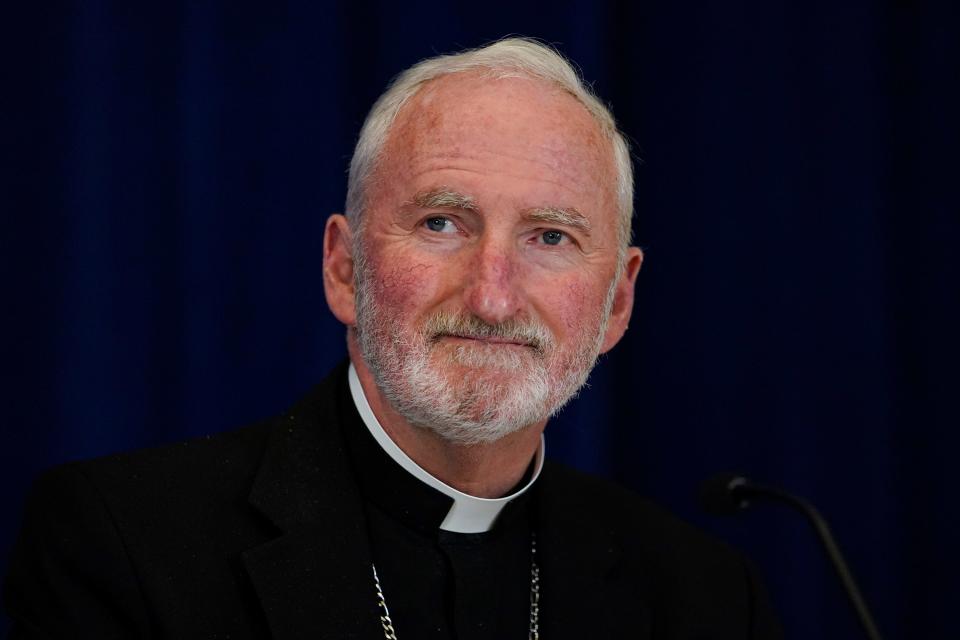 Bishop David O'Connell, of the Archdiocese of Los Angeles, attends a news conference at the Fall General Assembly meeting of the United States Conference of Catholic Bishops, on Nov. 17, 2021, in Baltimore.  O'Connell was found dead in Hacienda Heights, Calif., on Saturday, Feb. 18, 2023, of a gunshot wound.