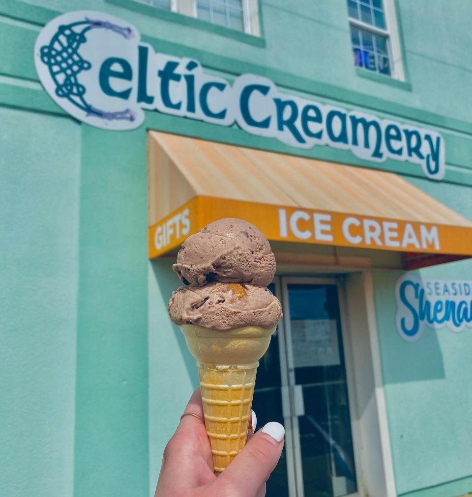 Chocolate peanut butter ice cream cone at Celtic Creamery in Carolina Beach.