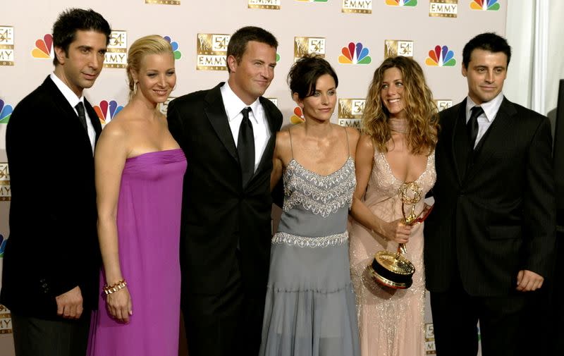 FILE PHOTO: The cast of "Friends" appears in the photo room at the 54th annual Emmy Awards in Los Angeles