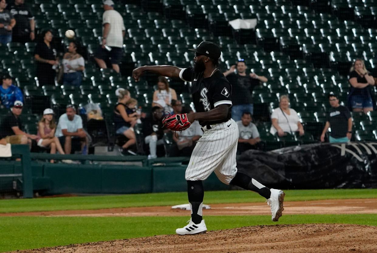 Chicago White Sox second baseman Josh Harrison (5) throws the ball against the Minnesota Twins during the ninth inning at Guaranteed Rate Field in Chicago on July 5.
