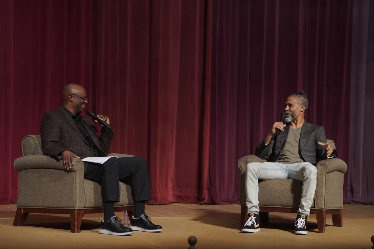Former NBA player and social justice activist Mahmoud Abdul-Rauf was interviewed by Pacific men’s basketball Head Coach Leonard Perry on Tuesday night at the University of the Pacific’s Black History Month Celebration event.
(Photo: Jason Ramos Millner)