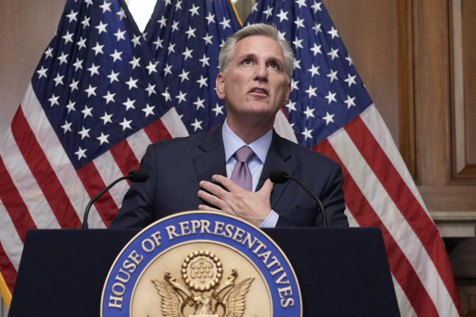 FILE - Rep. Kevin McCarthy, R-Calif., speaks to reporters hours after he was ousted as Speaker of the House, Tuesday, Oct. 3, 2023, at the Capitol in Washington. McCarthy opted to leave effective Dec. 31 rather than serve among the rank-and-file. (AP Photo/J. Scott Applewhite, File)