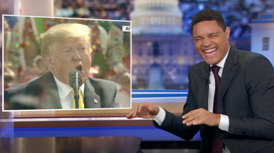 The Daily Show host Trevor Noah covered President Trump's wild attempts at pronouncing Hindi words at a speech in Ahmedabad: Comedy Central