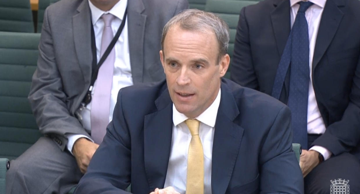 Foreign Secretary Dominic Raab giving evidence to the Commones Foreign Affairs Committee in London, about the Government's handling of the Afghanistan crisis. Picture date: Wednesday September 1, 2021.