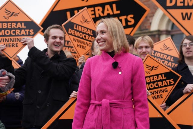 Newly elected Lib Dem MP Helen Morgan in Oswestry, Shropshire, following her stunning victory in the North Shropshire by-election (Jacob King/PA)