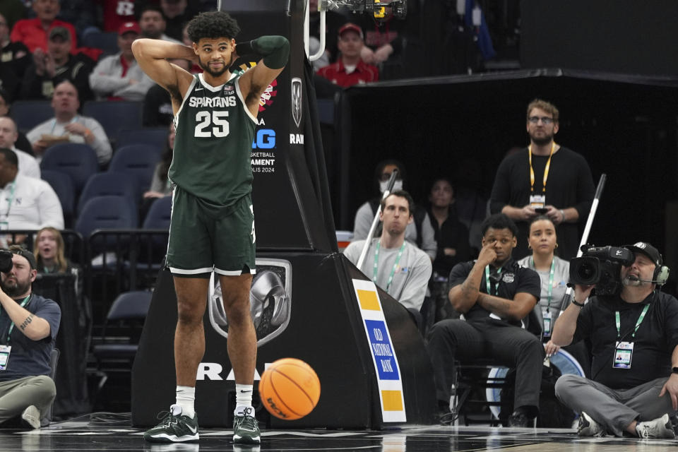 Michigan State forward Malik Hall (25) reacts to a call by a referee during the second half of an NCAA college basketball game against Purdue in the quarterfinal round of the Big Ten Conference tournament, Friday, March 15, 2024, in Minneapolis. (AP Photo/Abbie Parr)