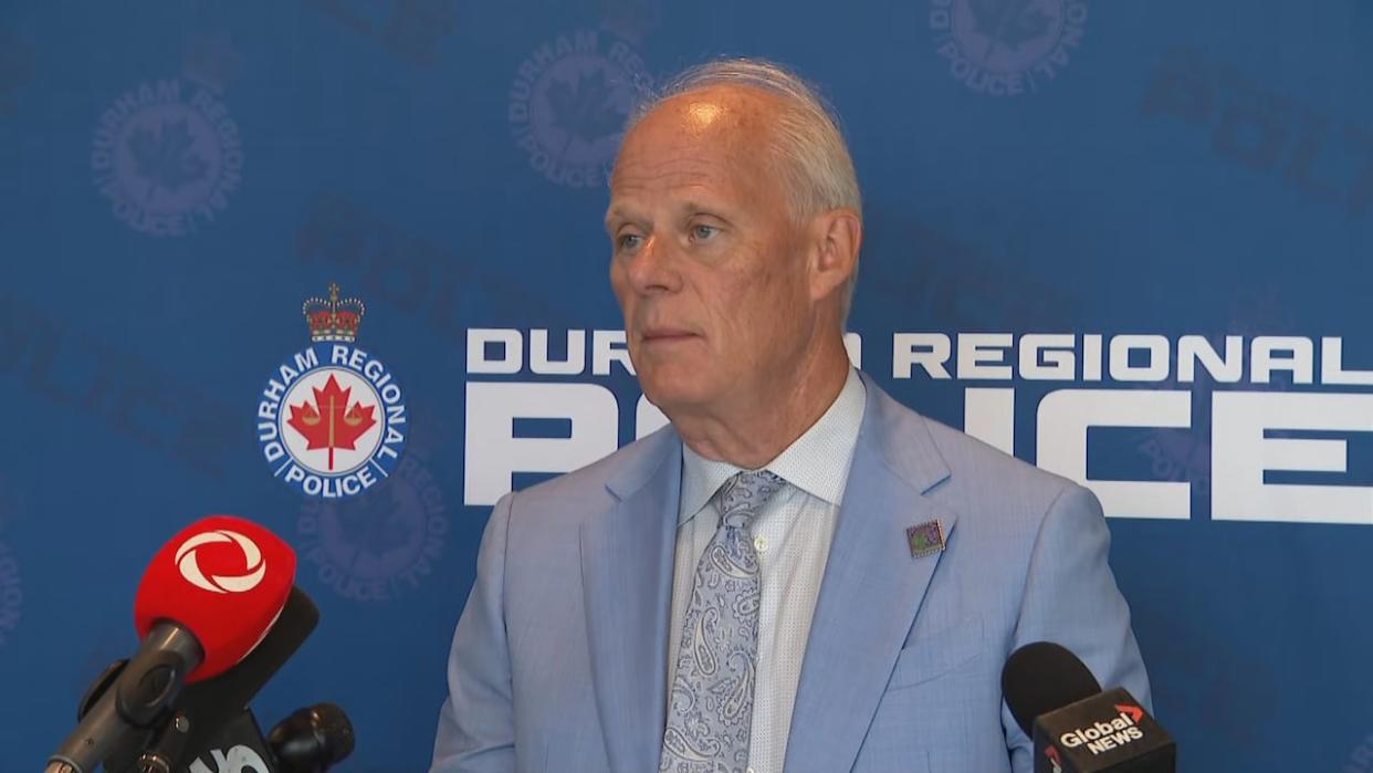 Oshawa Mayor Dan Carter told a news conference on Monday: 'I want to make sure that everybody understands that if you're going to deal drugs in our city and the region of Durham, you are unwelcome,.' (CBC - image credit)