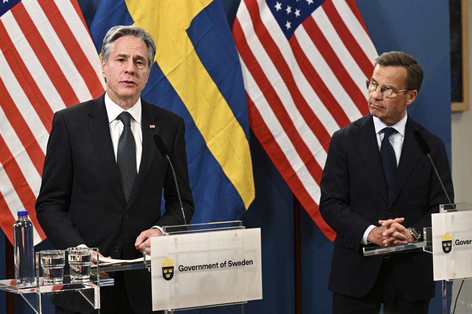 US Secretary of State Antony Blinken, left, and Sweden's Prime Minister Ulf Kristersson speak during a press meeting in Lulea, Sweden, Tuesday May 30, 2023. (Jonas Ekströmer/TT News Agency via AP)