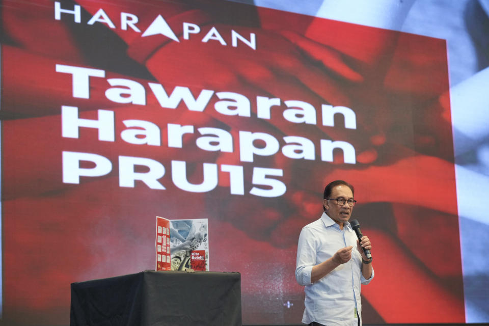 Malaysian opposition leader Anwar Ibrahim speaks during an event as his Pakatan Harapan (The Alliance of Hope) unveils the manifesto at a hotel in Klang, Malaysia Wednesday, Nov. 2, 2022. National elections will be held on Nov. 19. (AP Photo/Vincent Thian)